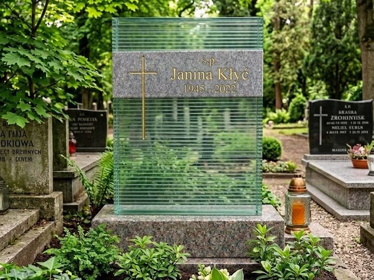 Szklany nagrobek — tafla ze szkła klejonego warstwowo z granitowym pasem i grawerowanym krzyżem