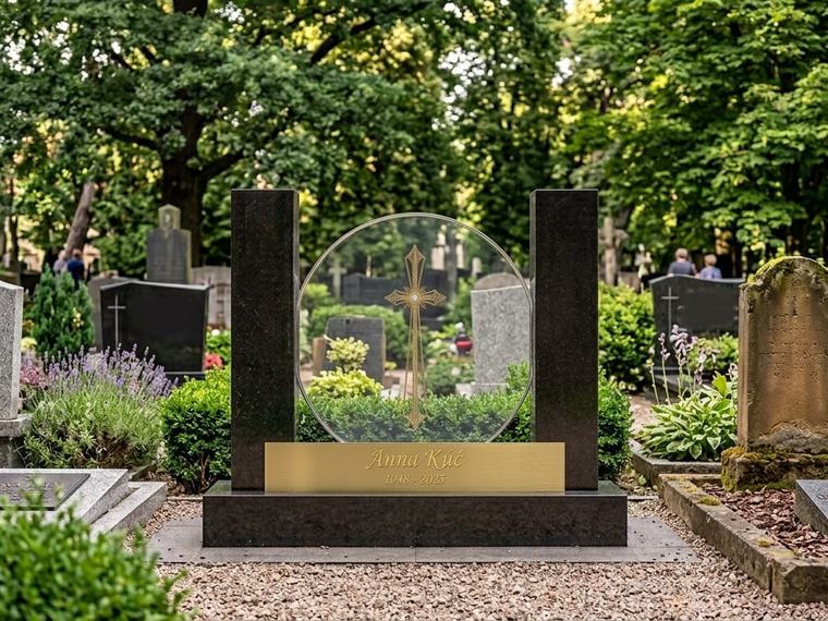 Nagrobek z czarnego granitu z motywem schodów wykonanym ze szkła